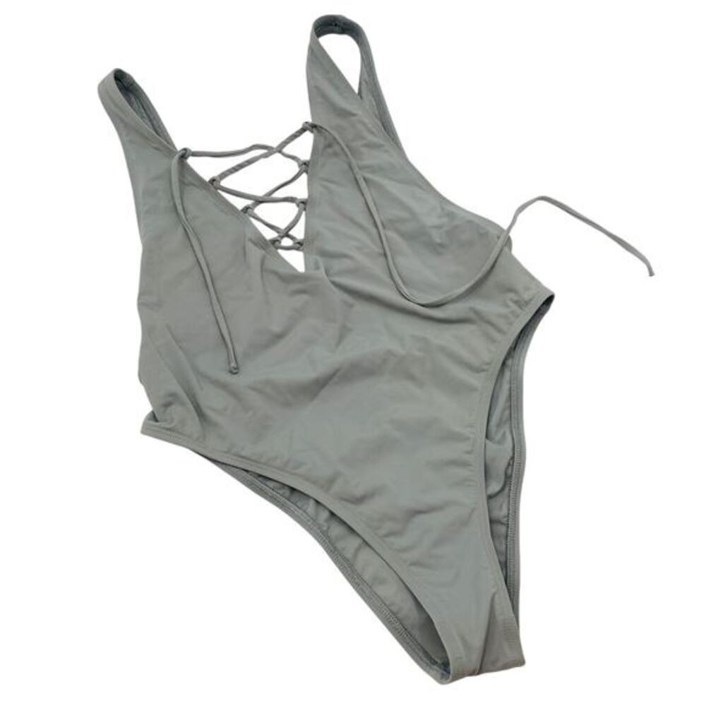 Dipping Daisy's gray lace up high leg one piece swimsuit‎